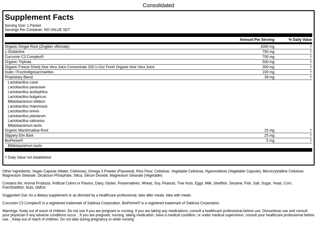 Supplement facts label with detailed nutritional information on a white background